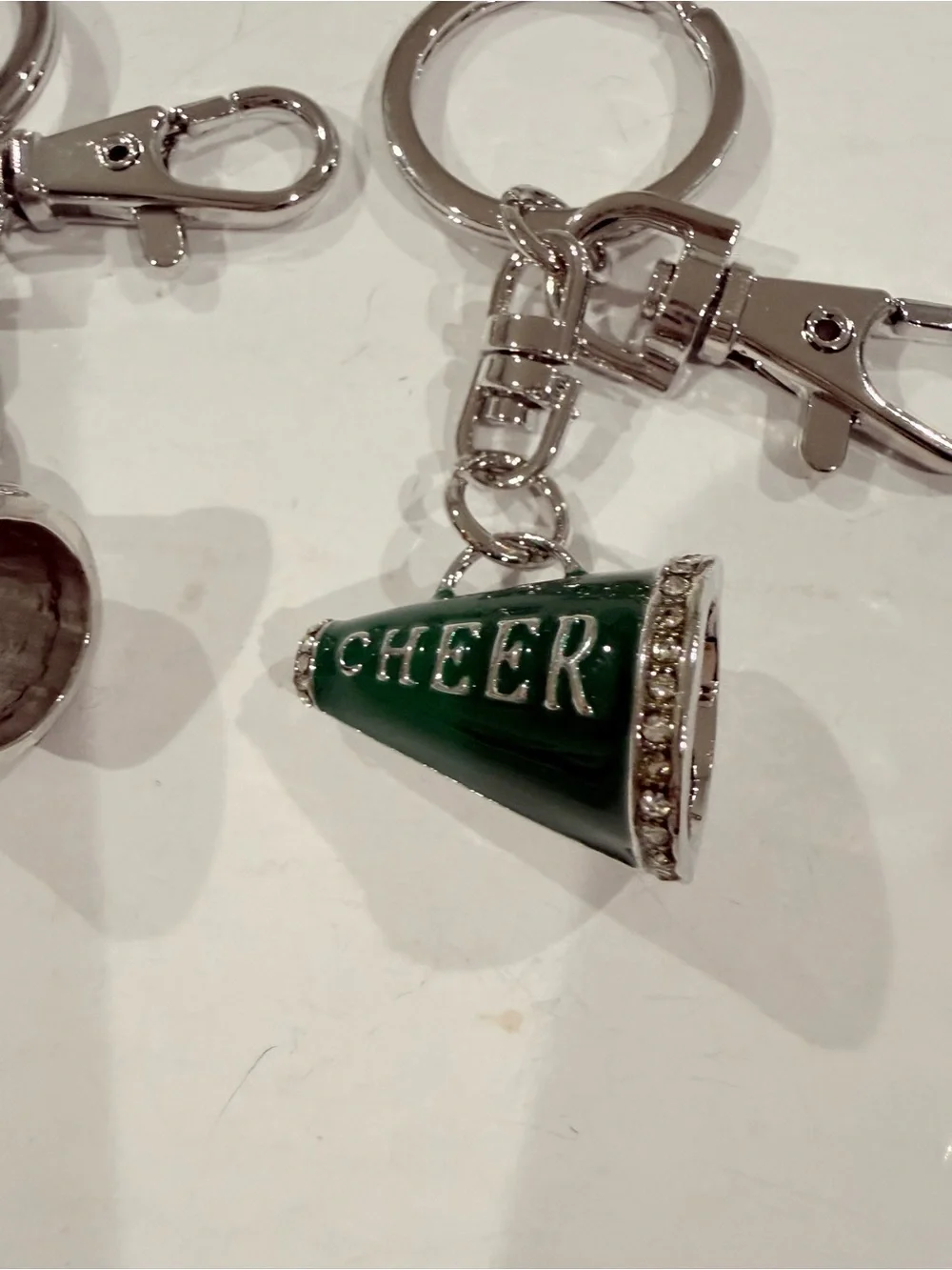 2 Cheer enamel Megaphone Keychain Set Green Silver purse bag cheerleader gift